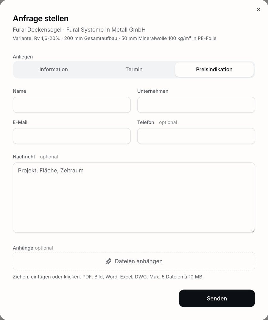 Der Anfrage-Dialog einer Produktseite mit den Anliegen Information, Termin und Preisindikation, Kontaktfeldern, Nachricht und Anhängen