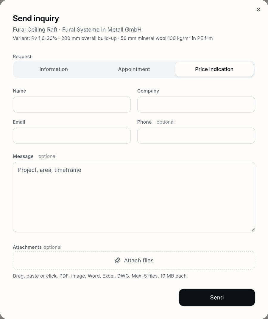 The inquiry dialog on a product page with the options information, appointment and price indication, contact fields, message and attachments