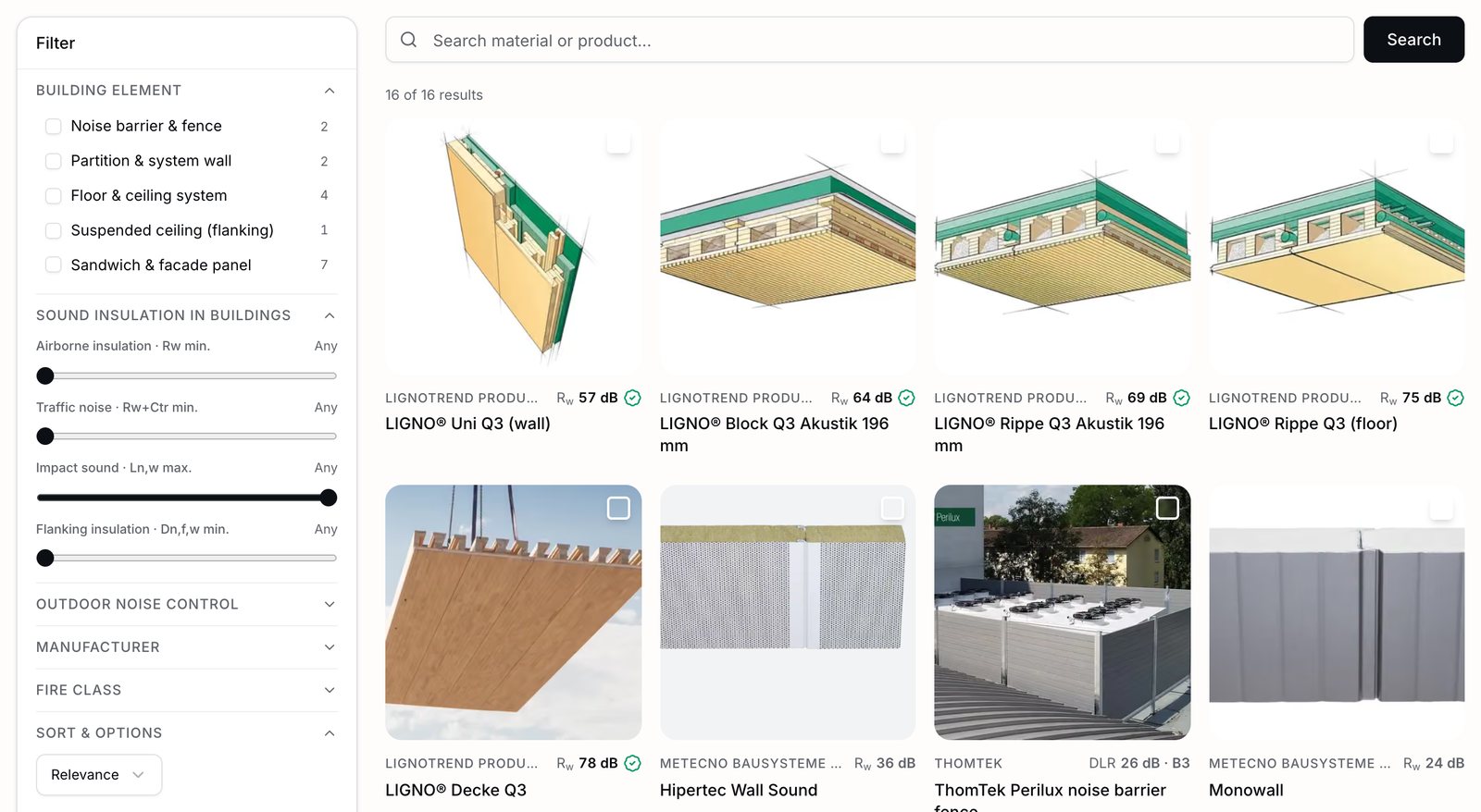 Search with the building acoustics focus: filters by building element and sound insulation, result cards with Rw values