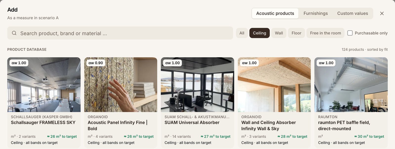 The product picker in the calculator showing ceiling products, each card with a suggested quantity for the target
