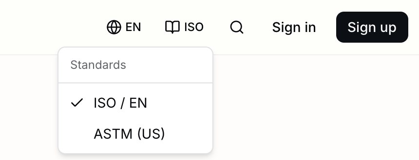 The standards switch in the page header with the options ISO / EN and ASTM (US)